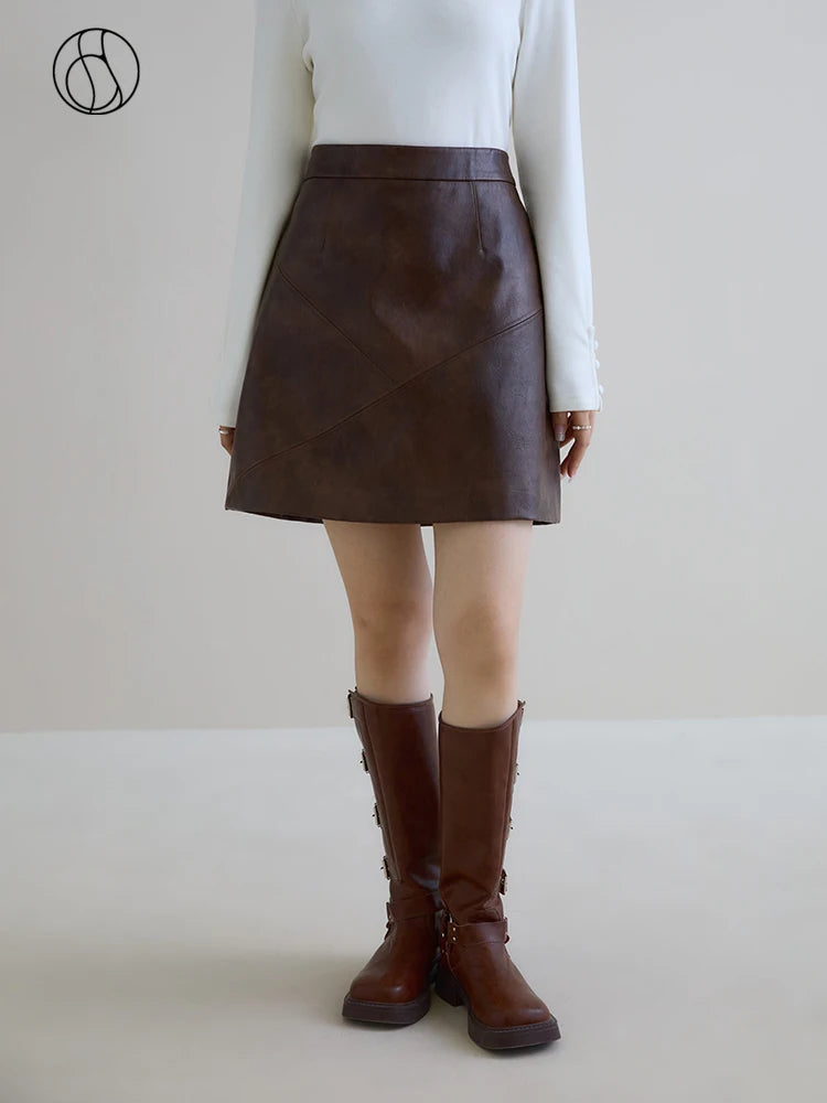 DUSHU Vintage Brushed Leather Half Skirt High Waisted A-line Half Skirt Winter 2023 New Short Skirt For Women Casual Loose