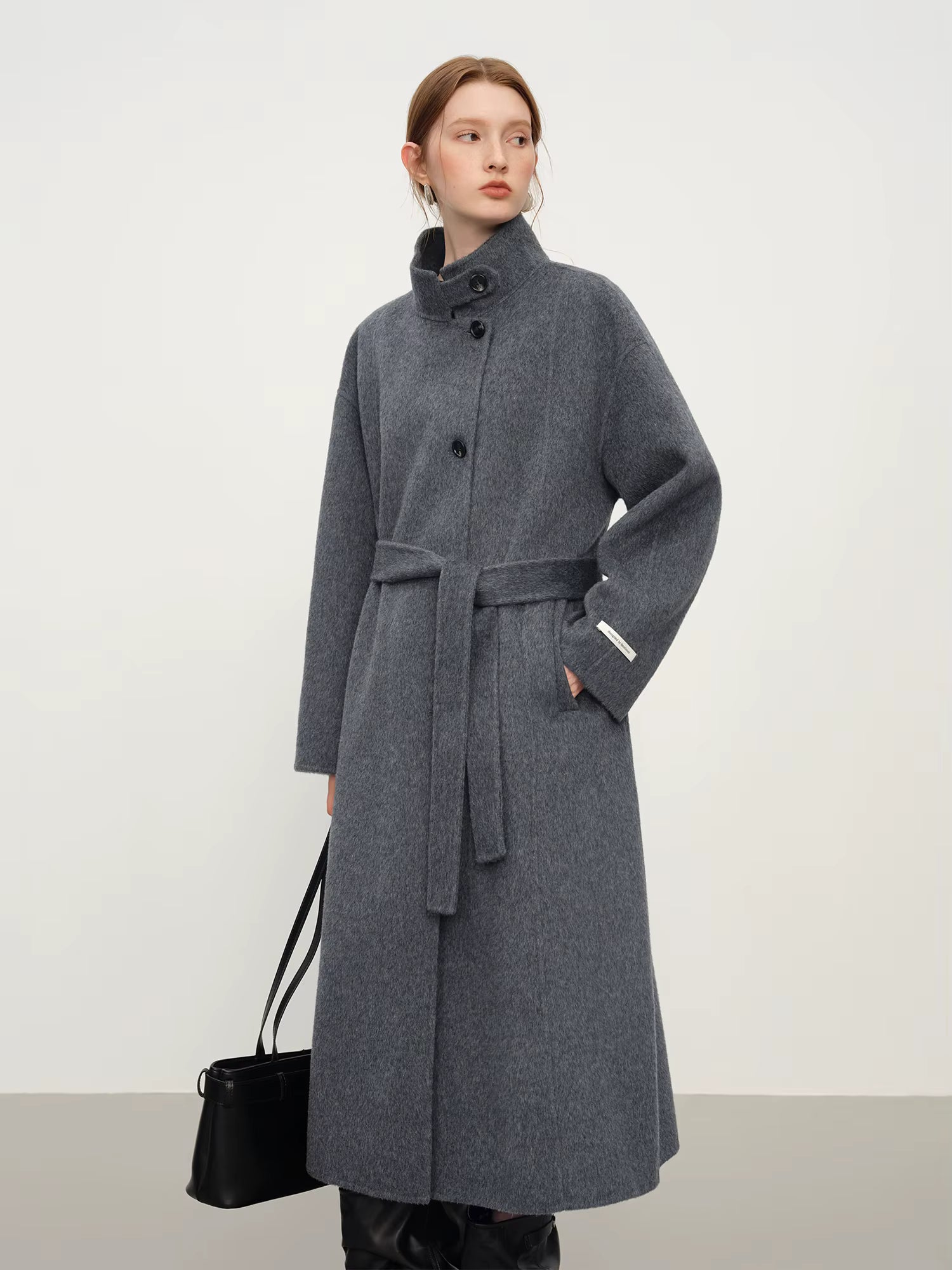 2025 New Women's Elegant Stand Collar 100% Wool Double-Faced Long Coat Diamond-Shaped Tailoring Autumn Winter Outerwear