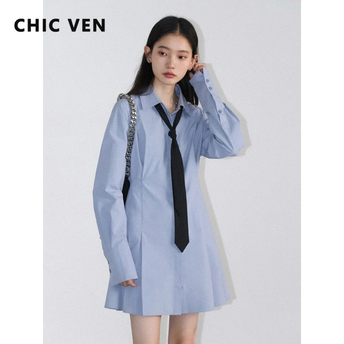 CHIC VEN Korean Women Shirt Dress Blue Cotton Waist Pleated A-line Long Sleeved Female Blouse Dress Spring Summer 2024