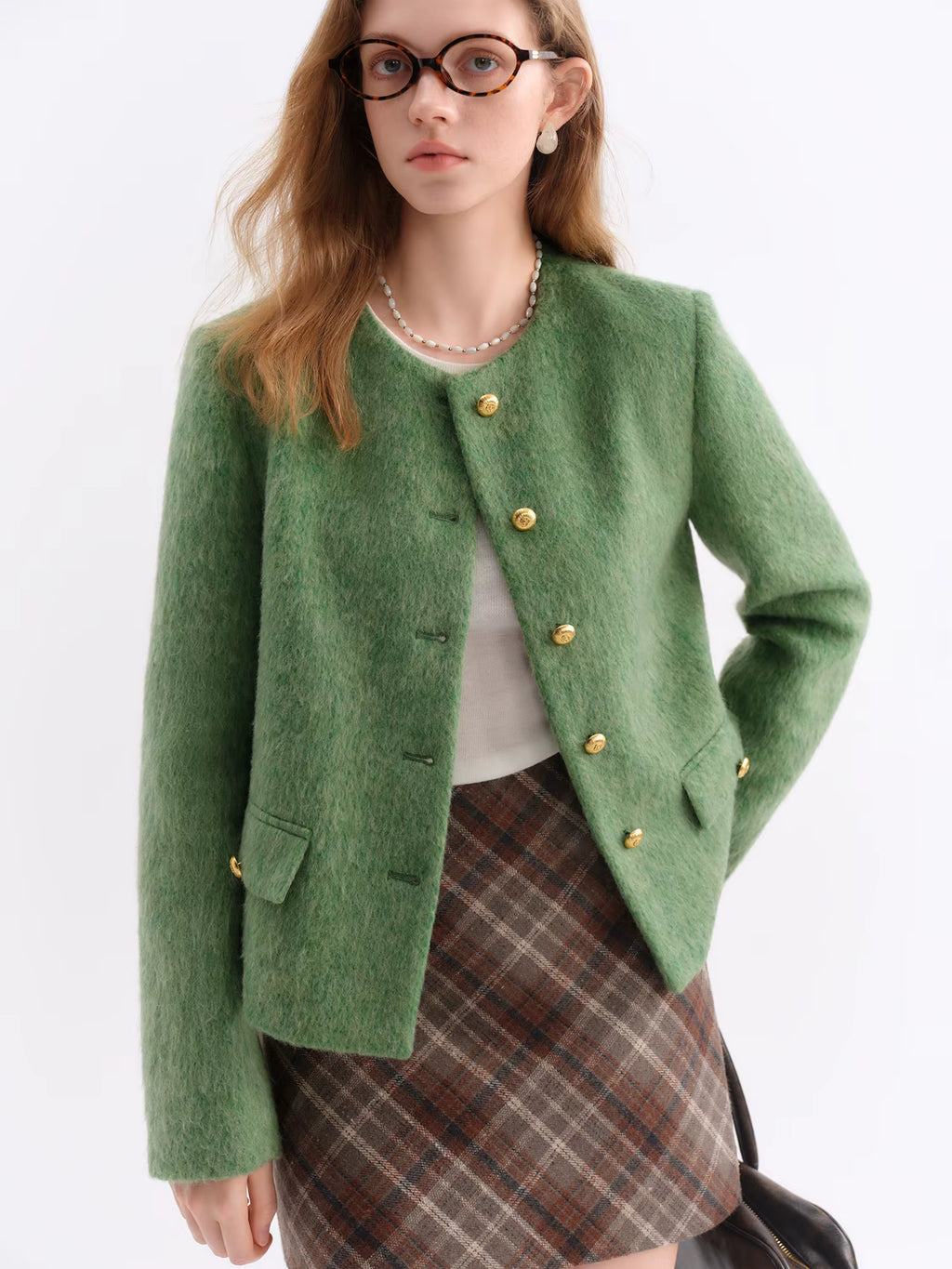 French Style Tweed Round Neck Wool Blend Structured Shoulder Women Coat 2025 New Outerwear Classic Elegant Casual Jacket