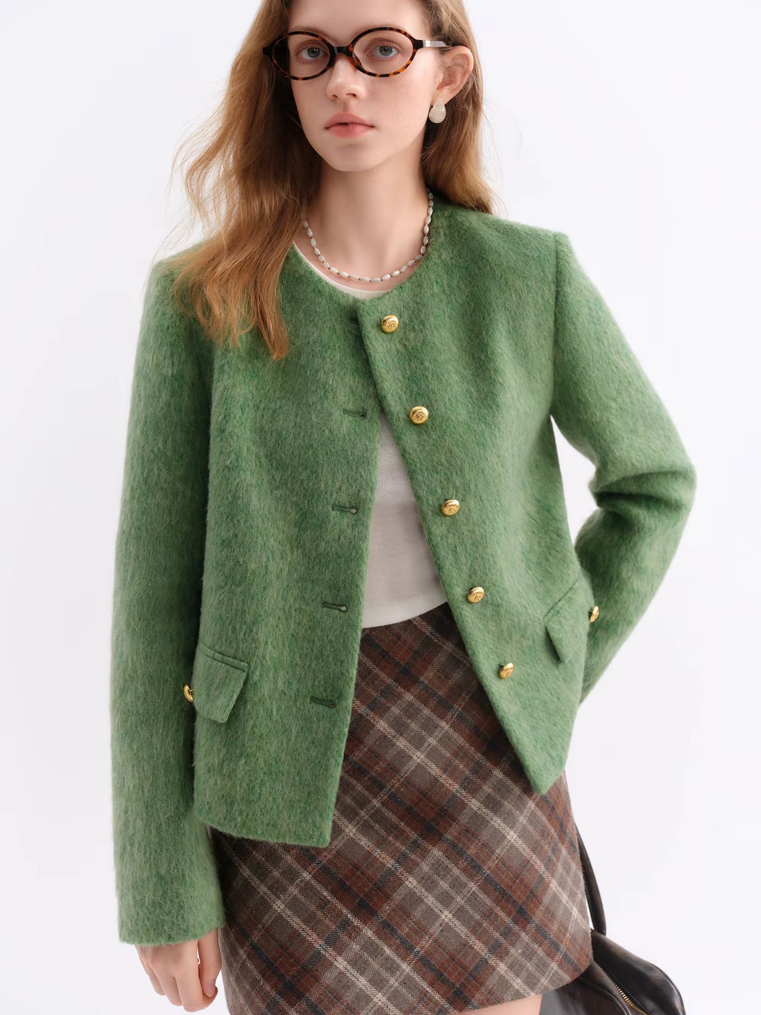 French Style Tweed Round Neck Wool Blend Structured Shoulder Women Coat 2025 New Outerwear Classic Elegant Casual Jacket