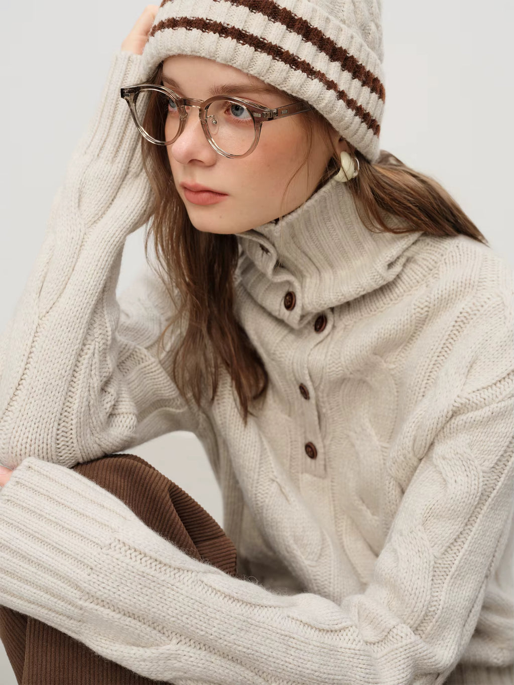 Reversible Turned-Up Collar Floral Knit Sweater for Women Winter 2025 New Arrival Slightly Oversized Fit Sweaters Pullovers