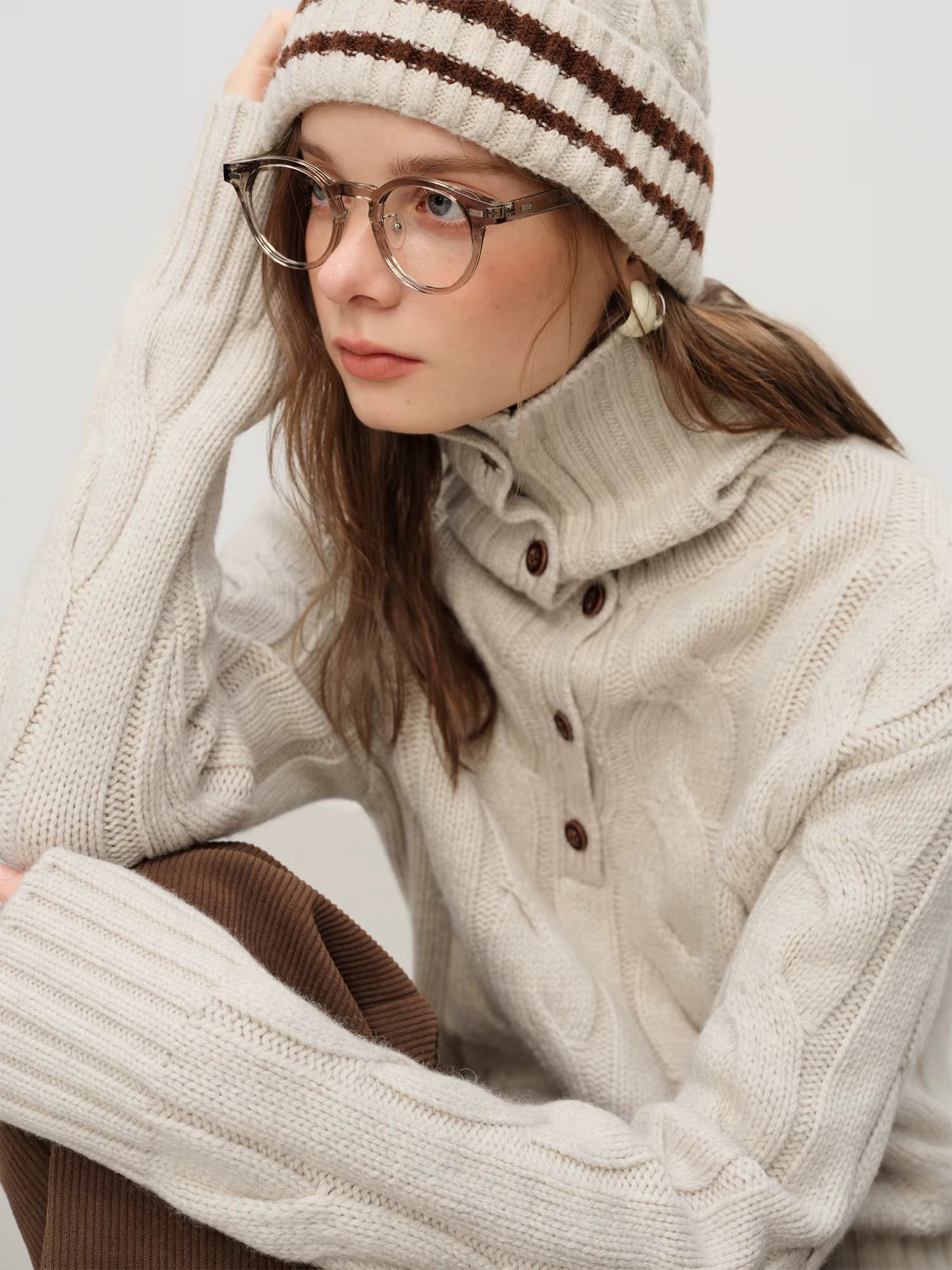 Reversible Turned-Up Collar Floral Knit Sweater for Women Winter 2025 New Arrival Slightly Oversized Fit Sweaters Pullovers