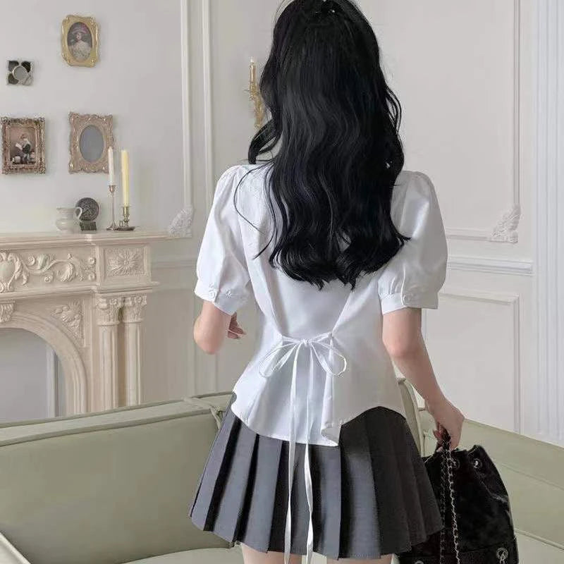 White Sweet Shirt Women Korean Fashion Preppy Style Jk Bandage Short Sleeve Shirt Ladies Summer Y2K Slim Elegant Bow Tops New