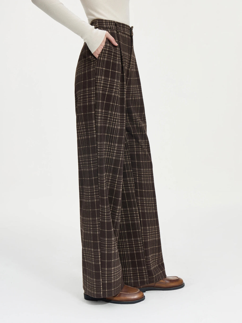 FSLE Office Lady American Retro Plaid Casual Pants for Women Brown 2024 Autumn Winter New Straight Leg Pants 24FS14560