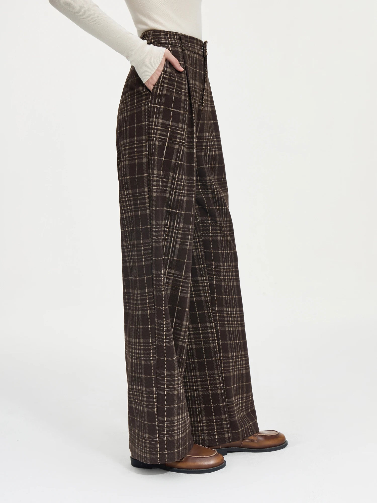 FSLE Office Lady American Retro Plaid Casual Pants for Women Brown 2024 Autumn Winter New Straight Leg Pants 24FS14560
