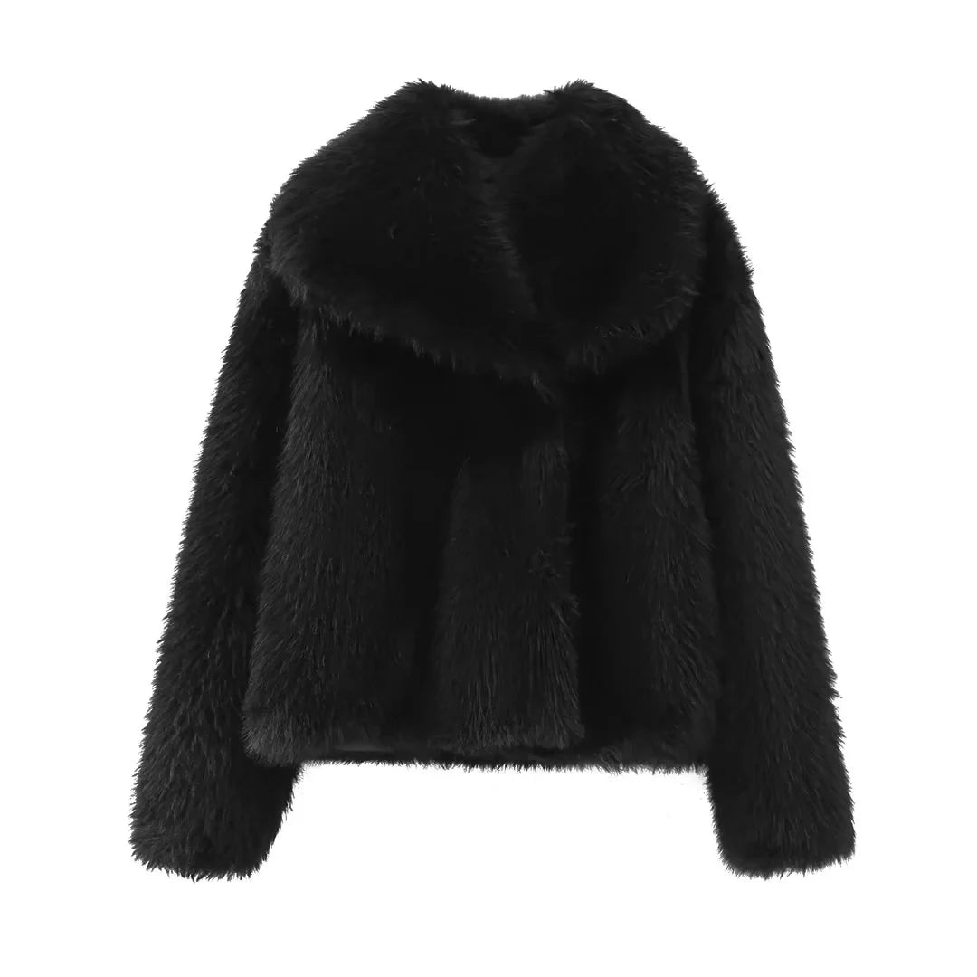 TRAFZA 2025 Autumn Winter Women Casual Faux Fur Jackets Fashion Streetwear Solid Oversized Turn Down Collar Elegant Thick Coats
