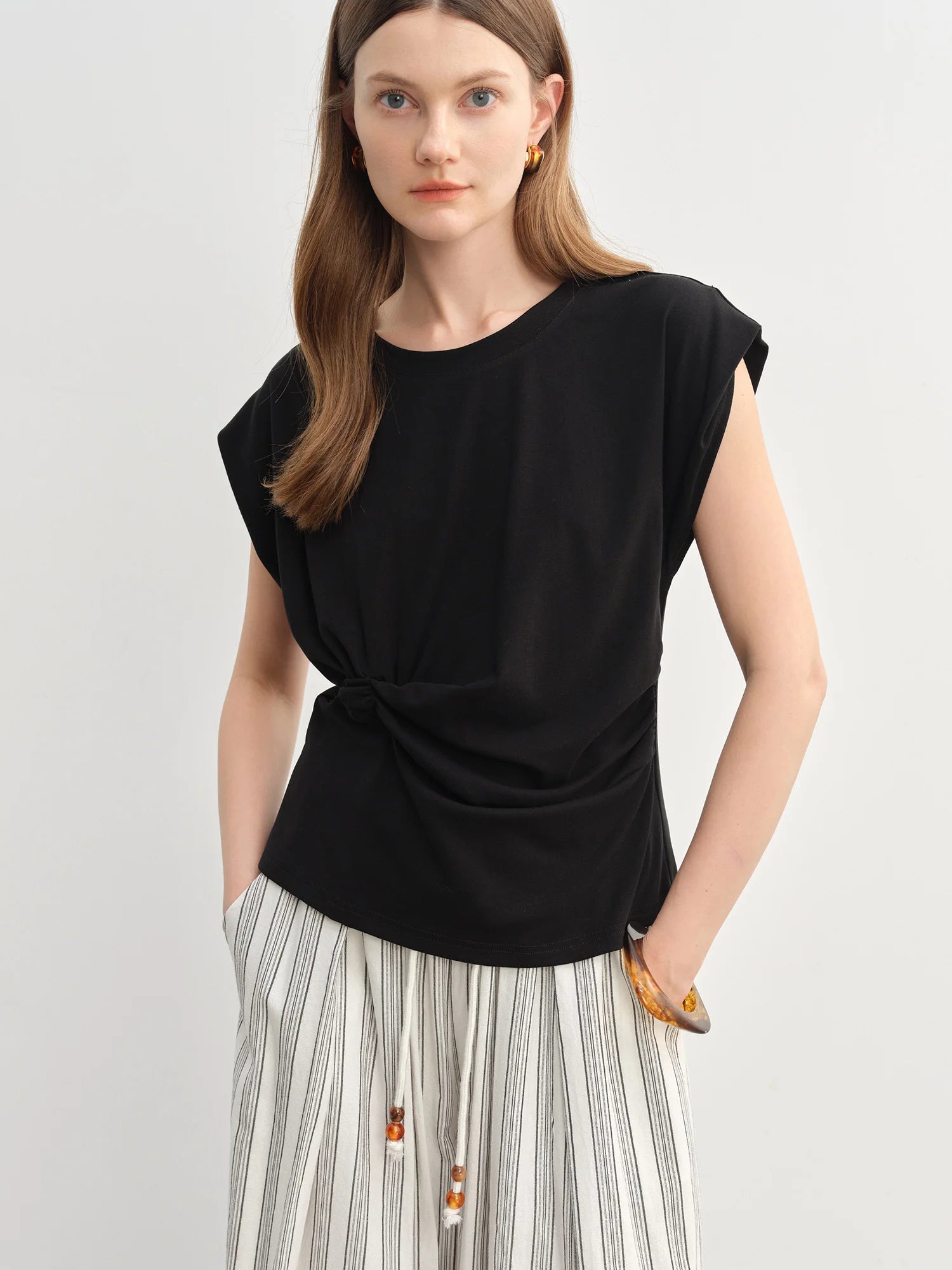 DUSHU 2025 Summer Women's Cinched Waist T-Shirt - Flattering Silhouette Short Sleeve Top with Stylish Design Details