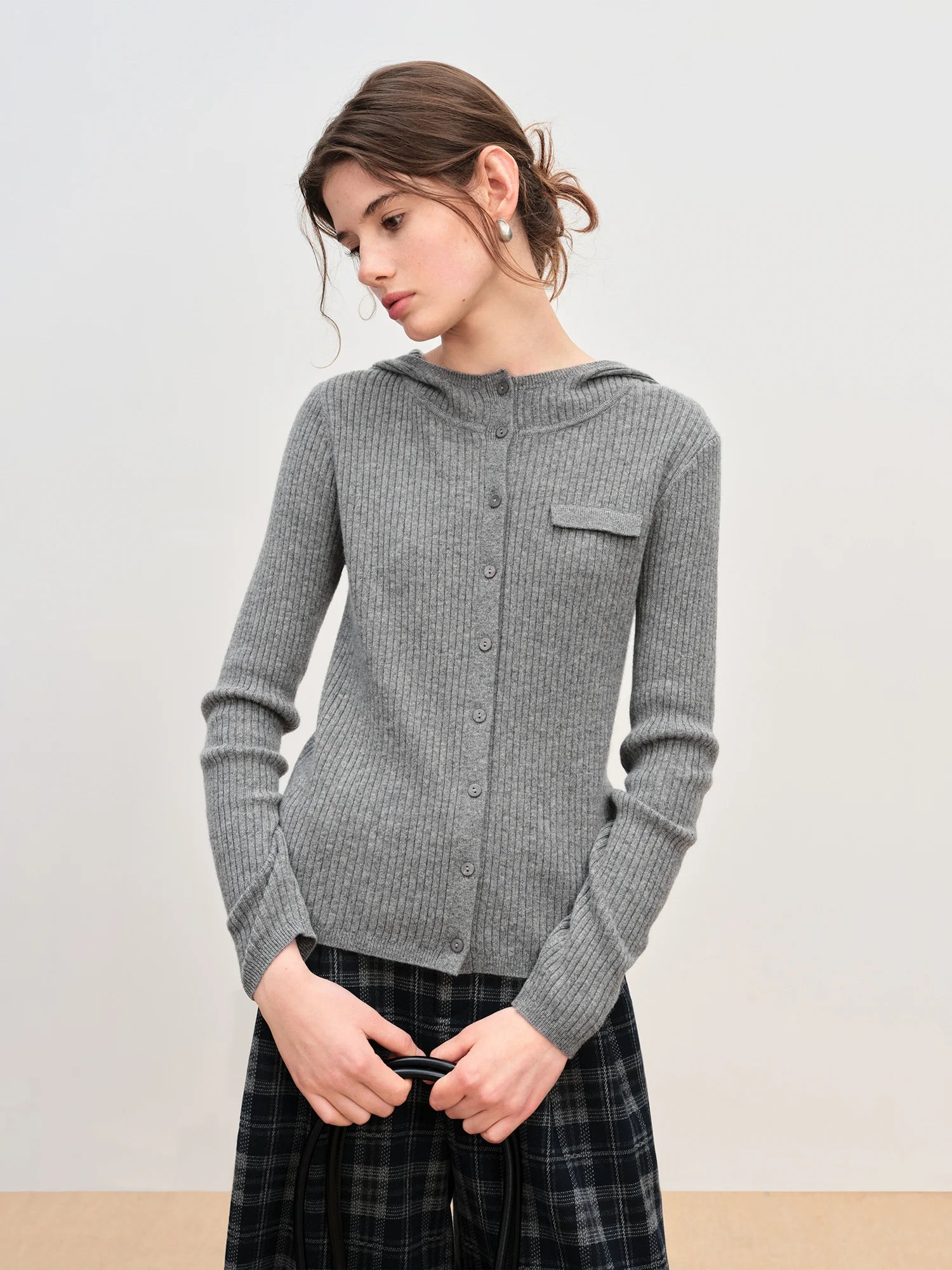 Winter 2025 Women's Hooded Knit Cardigan - Stand Collar Pure Wool Open Front Coatigan Textured Design for Casual Elegance