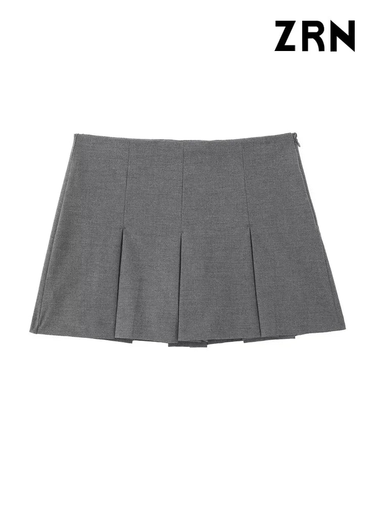 ZRN Women Fashion With Pleated Shorts Skirts Vintage High Waist Side Zipper Female Skort Mujer