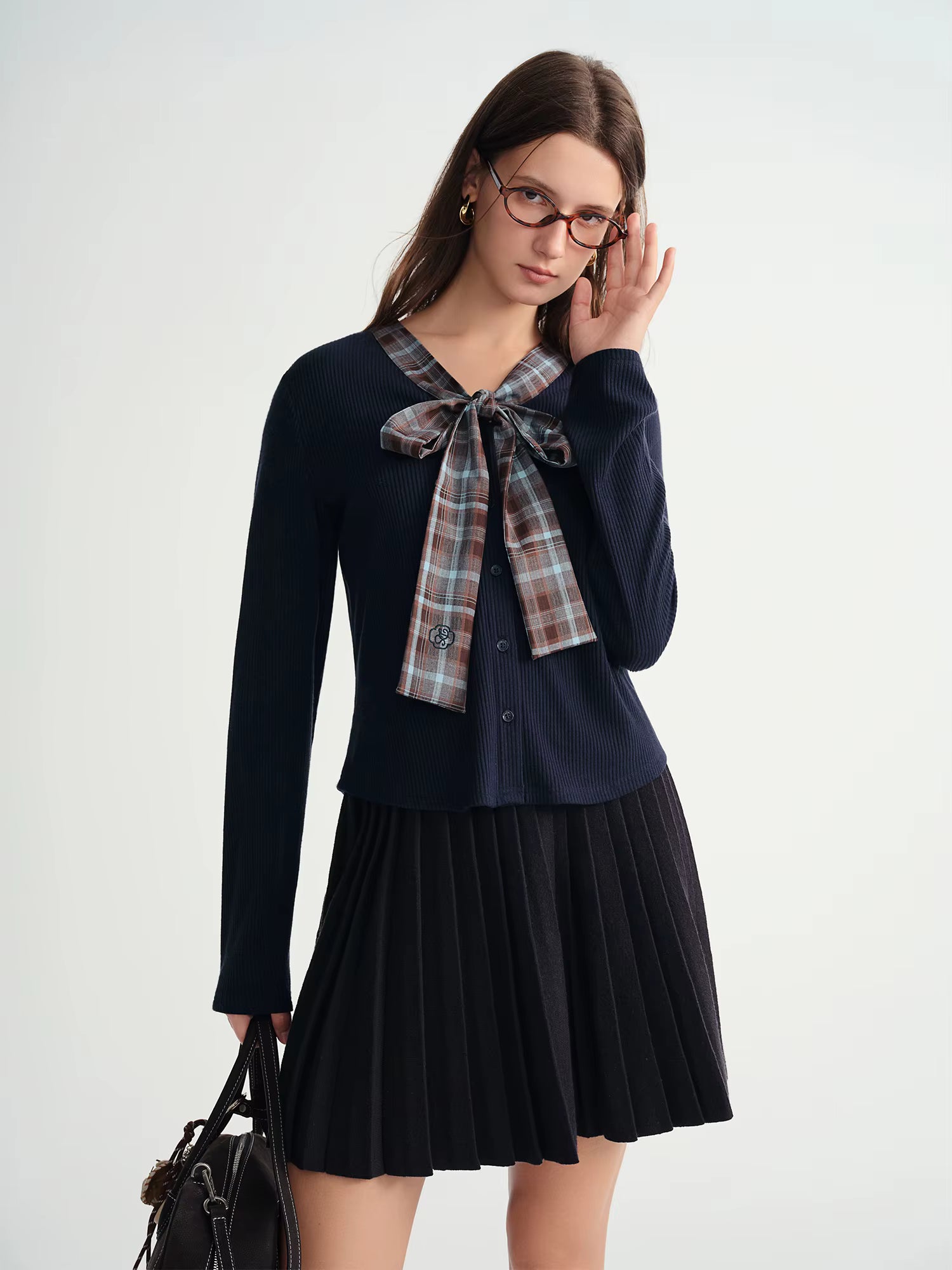 Autumn Winter 2025 Women's Plaid Mock Layer Knit Cardigan - Tartan Print Tie Collar Casual Coatigan Versatile Top
