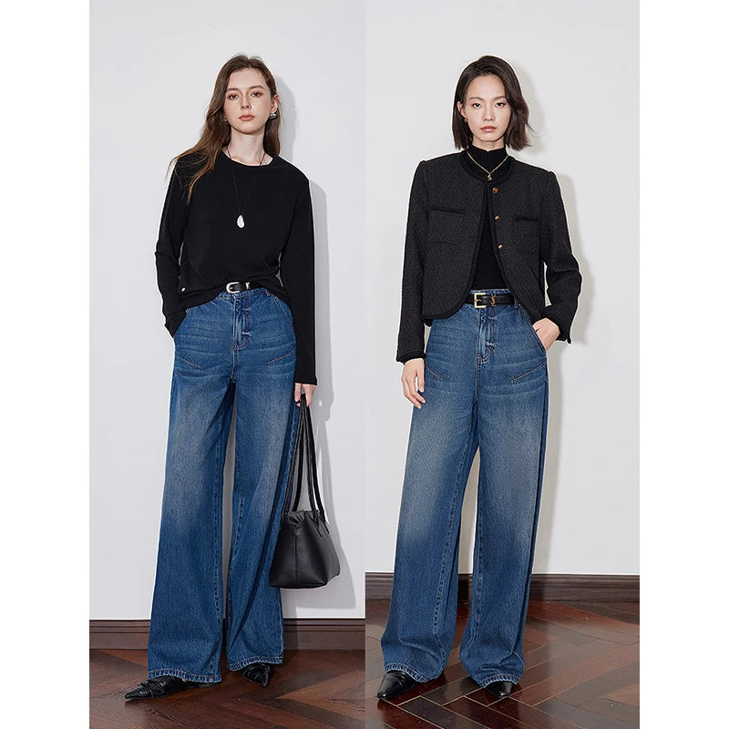 TOYOUTH Women Denim Jeans 2024 Autumn and Winter New Mid Waist Washed Straight Wide Leg Pants