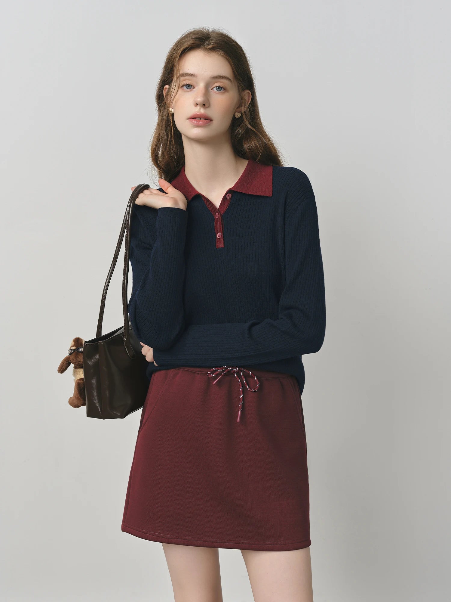 FSLE Silk and Wool Color Clash Polo Collar Knit Sweater for Women 2025 New Versatile Top Pullovers