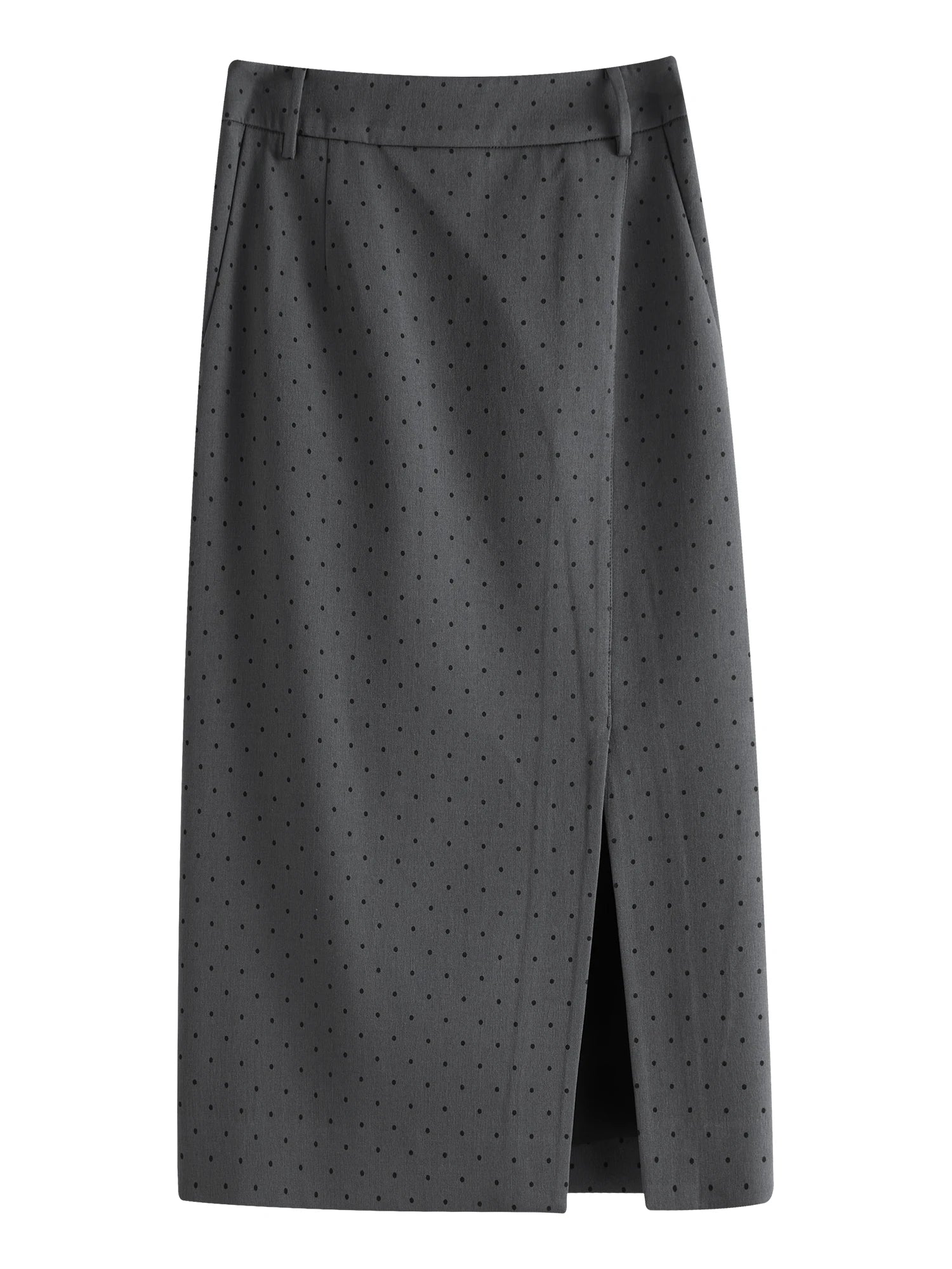 FSLE Women Grey Dot Skirts High Waist Knee-Length A-LINE Skirt Slit Design Asymmetric Female Winter Commuter Skirt 24FS14554