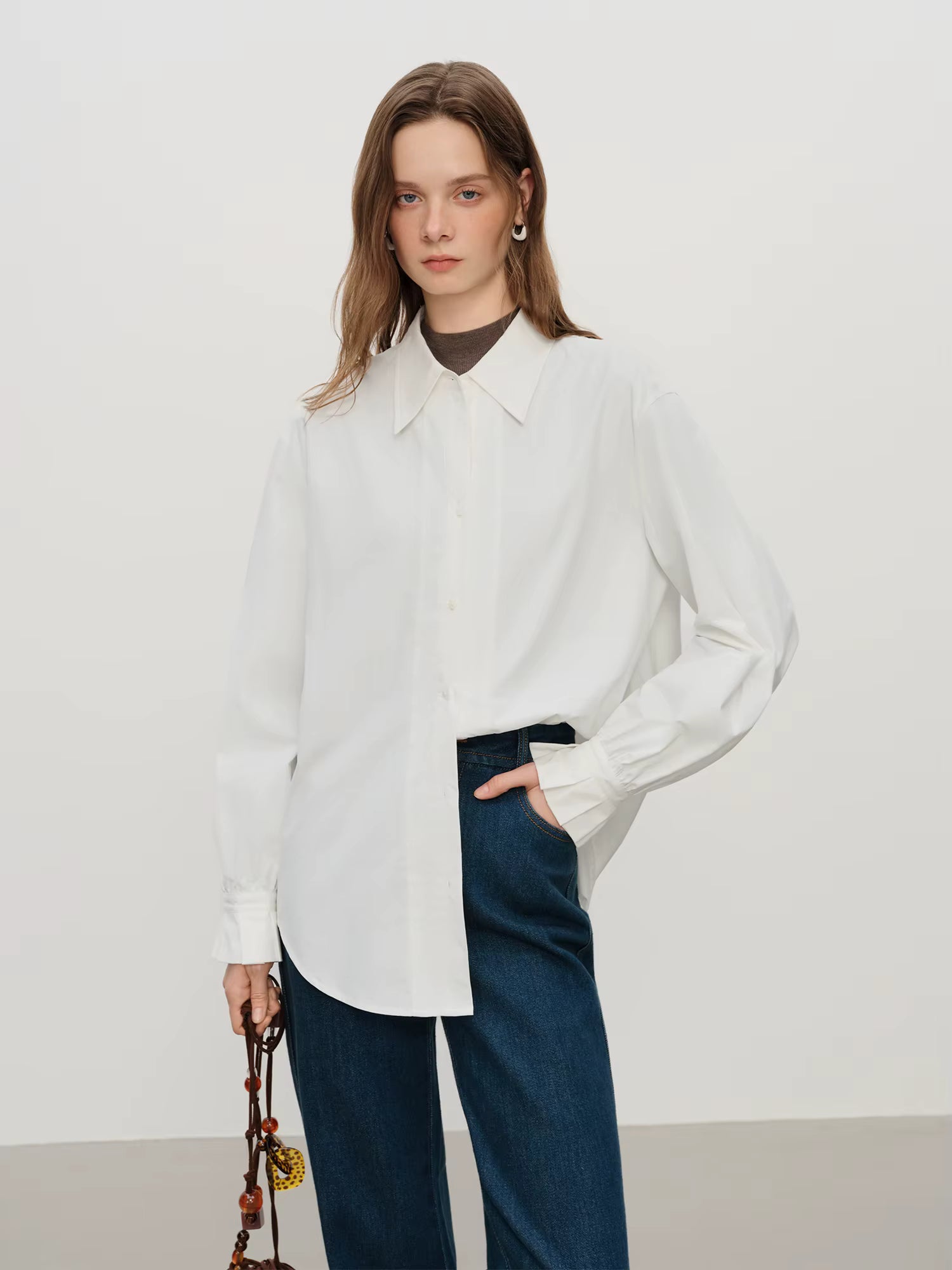 French-Elegant Stylish Pima Cotton Long Sleeve Shirt for Women Fall Winter 2025 New Arrival Versatile Inner Layer Top Shirt