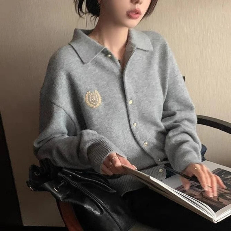 Deeptown Preppy Style Sweaters Cardigan Women Grey Elegant Knitted Fashion Autumn Winter Long Sleeve Vintage Casual Cardigans