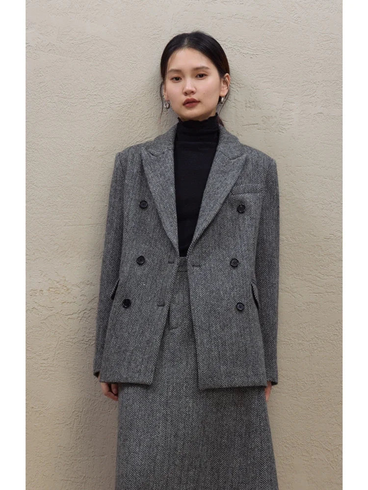 ZIQIAO Petite Herringbone Pattern Woolen Suit Half Skirt Set For Women's 2023 Winter New Shoulder Jacket Casual Loose Jacket