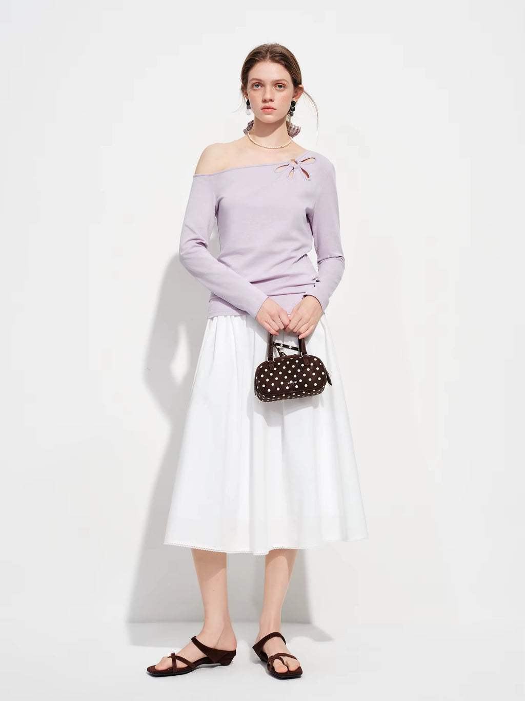 Sweet Off-Shoulder Cut-Out Design Linen Blend Long-Sleeve T-Shirt Spring 2026 New Arrival Skew collar Cotton Tops