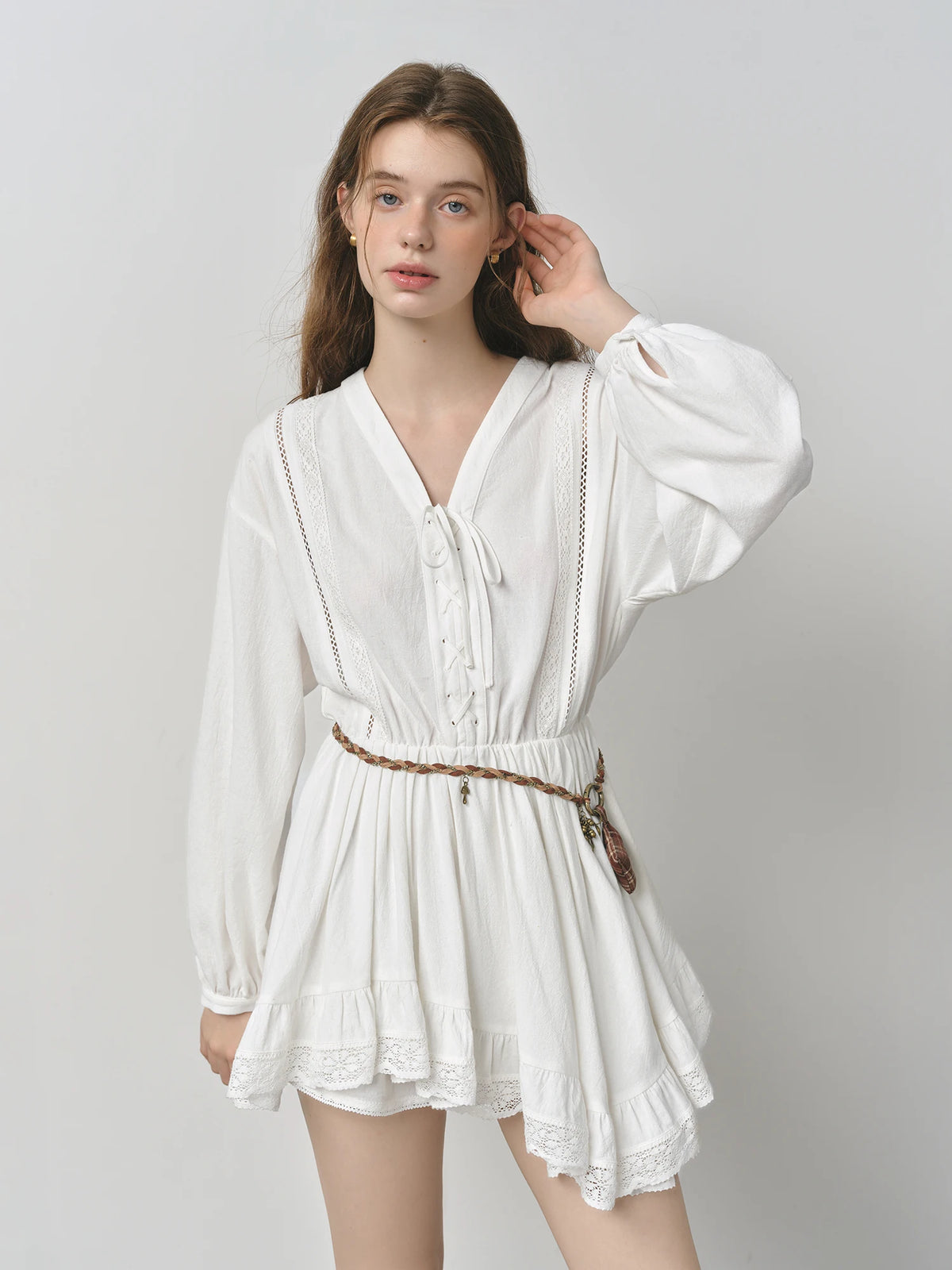 FSLE Fresh Resort Long-Sleeve Lace Appliqué Women's Dress New Autumn 2025 Short Hem Skirt Dresses Without Belt