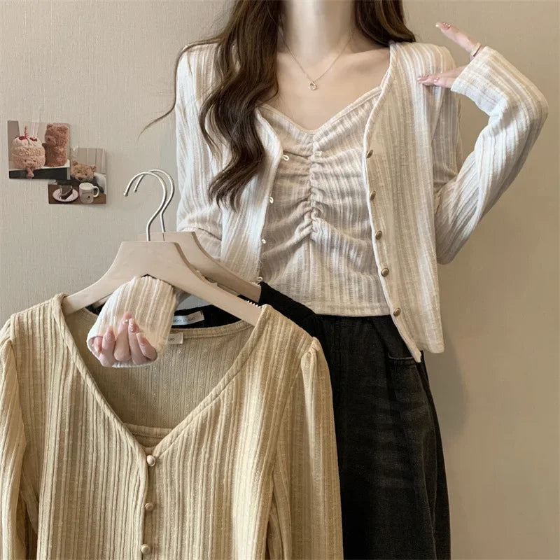 Kpop 2024 Autumn New Knit Fashion Long Sleeve Top Set Sweet Sensation Korean Style Cardigantank2-piece Set Elegant Chic