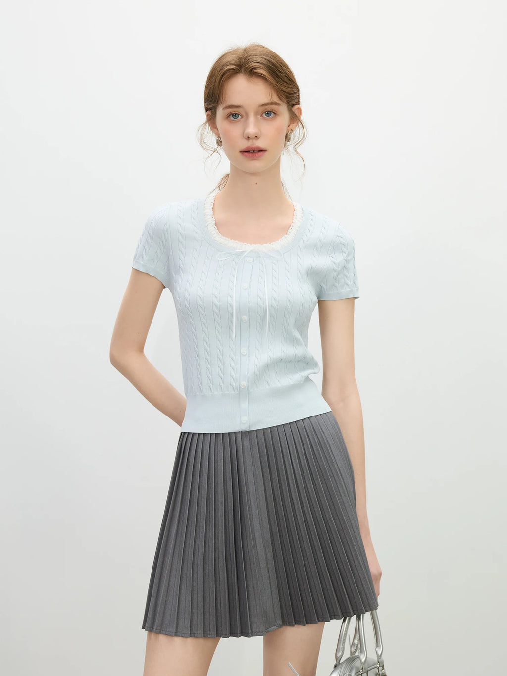 FSLE Youthful Cable Knit Two-Piece Top 2025 Summer Lace Trim Collar Slim Fit Day to Night Outfit Casual Loose Tops