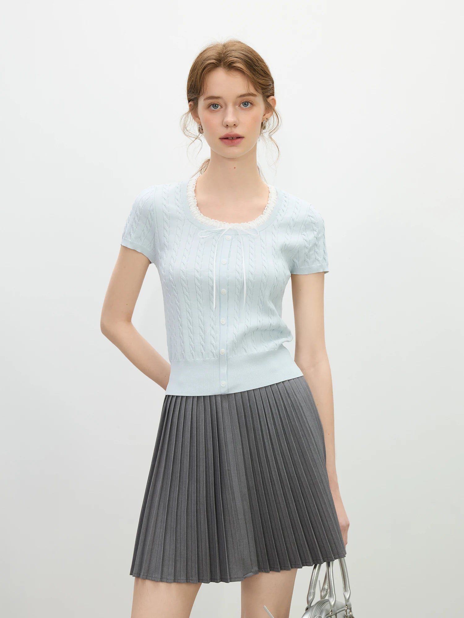 FSLE Youthful Cable Knit Two-Piece Top 2025 Summer Lace Trim Collar Slim Fit Day to Night Outfit Casual Loose Tops