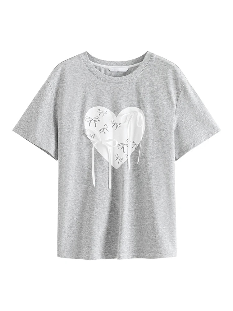 FSLE Summer Love Bow Print Cotton Women's Short-Sleeved T-Shirt 2024 Summer New Design Versatile Casual Cool Top 24FS12468