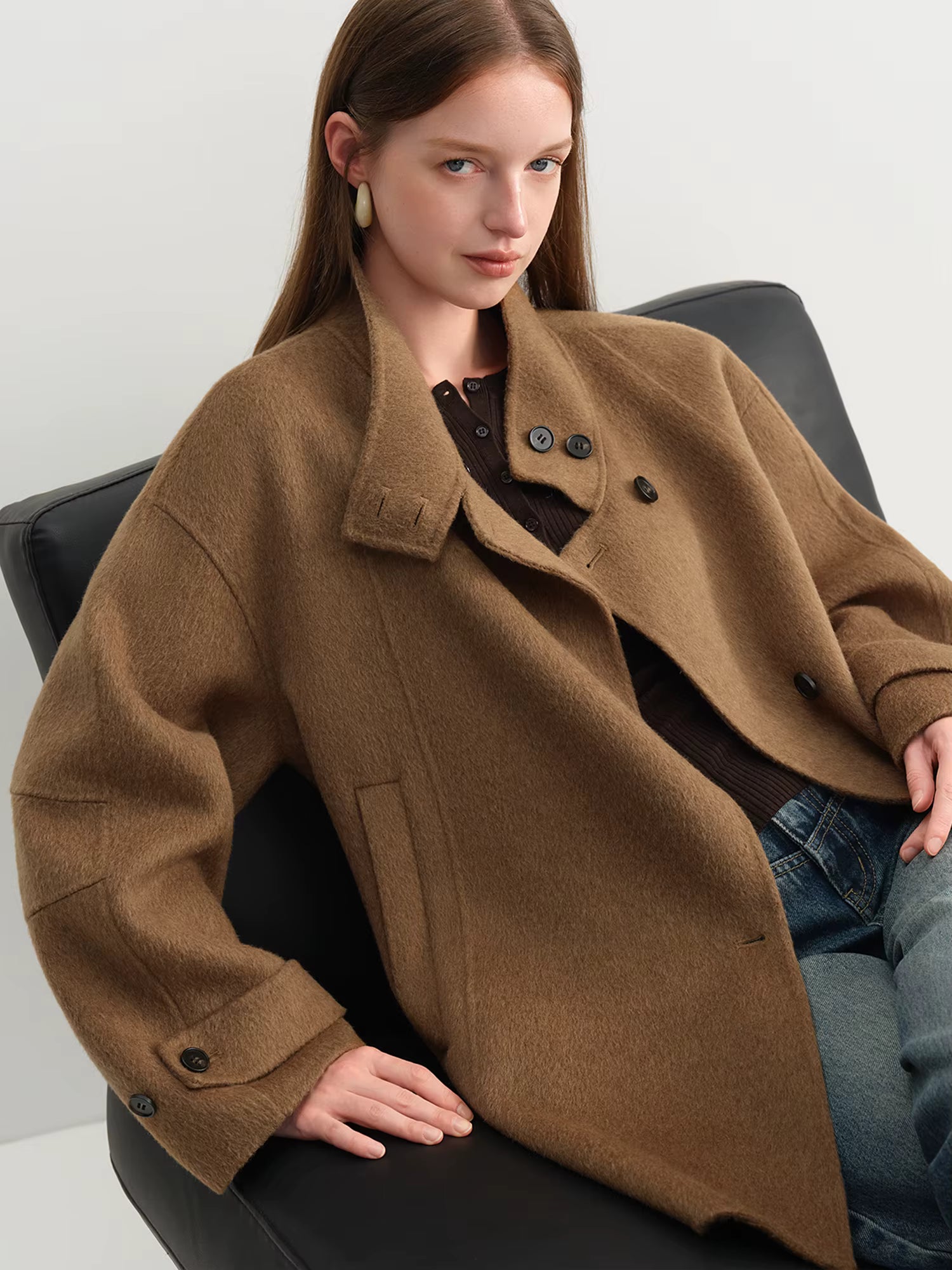 French Style Sheep Wool Cropped Wool Coat Women's Winter 2025 New Double-faced Wool Jackets Simple Ins Stand Collar