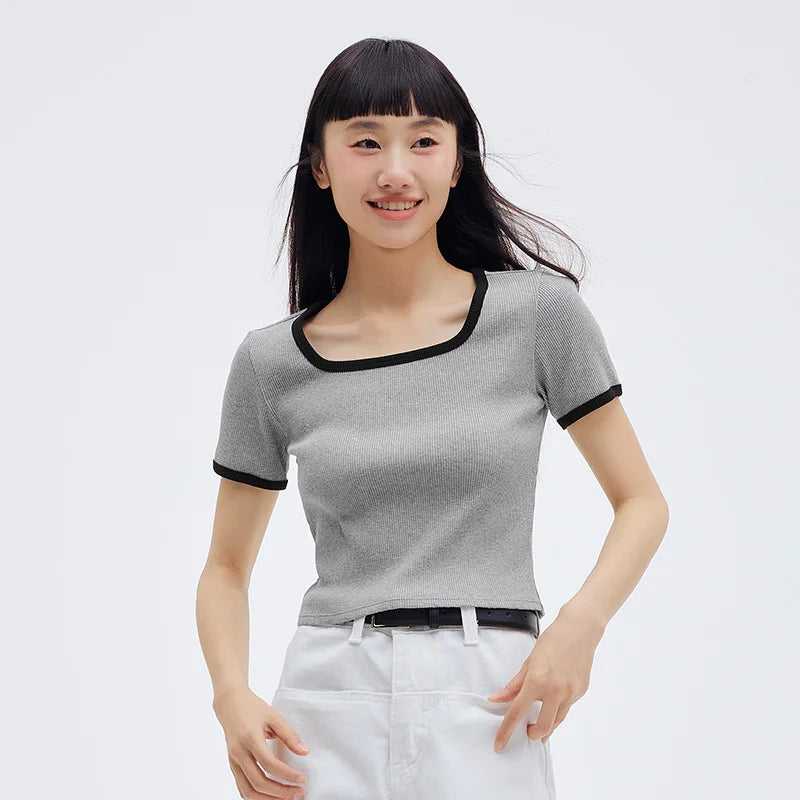 Semir Short-sleeved T-shirt Women PJ Casual Home Interior Fashionable Sweet Vest Square Neck Knitted T-shirt