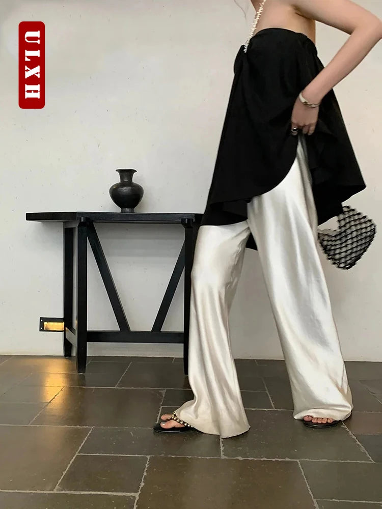 Korean Style Fashion Satin Wide Leg Pants Y2k Long Floor Casual Pants Women's 2024 New Spring Summer Baggy Versatile Pants