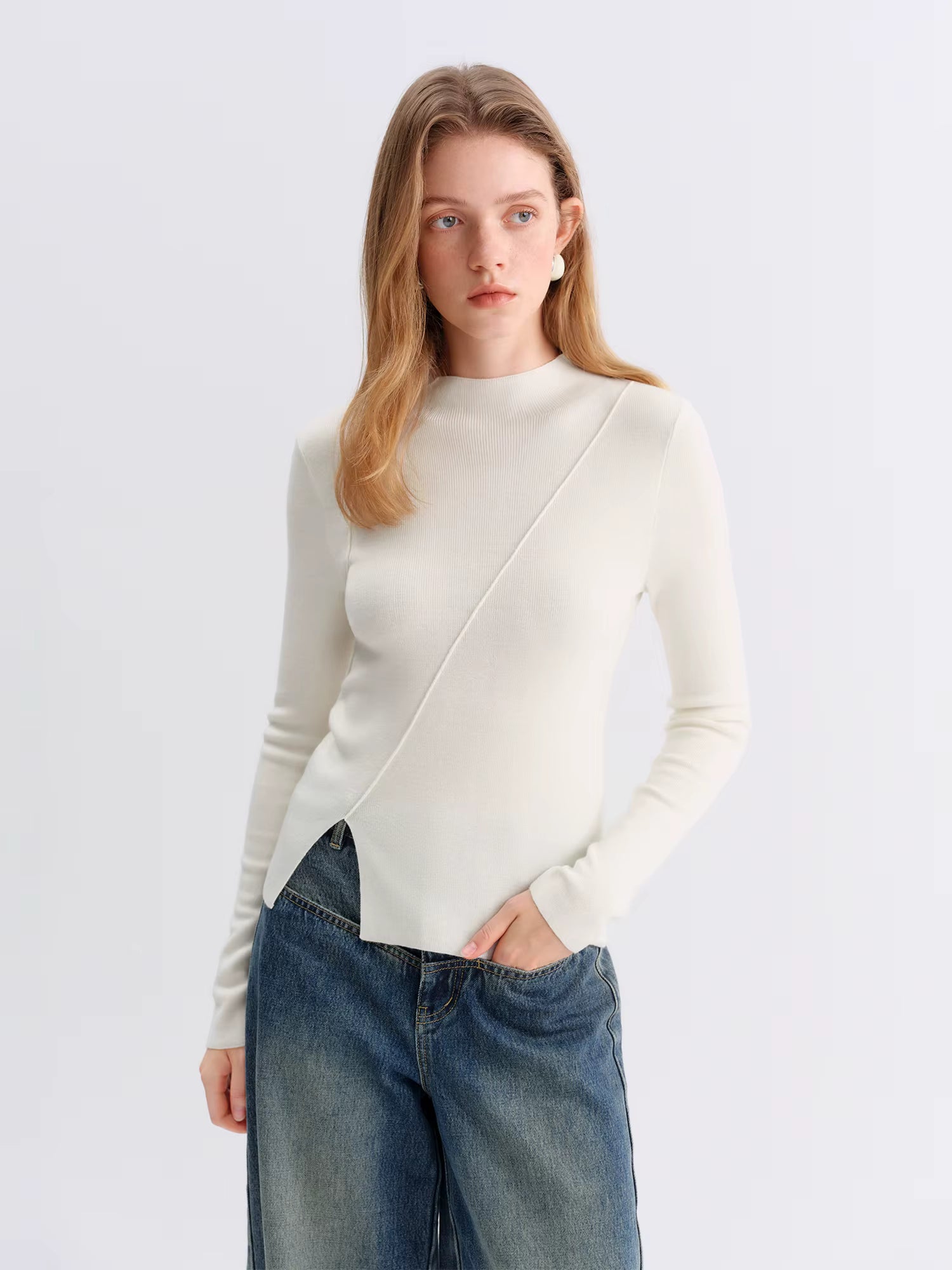 2025 Winter Women's Mulberry Silk Wool Blend Knit Top - Asymmetric Bias Cut Design Base Layer for Casual Comfort