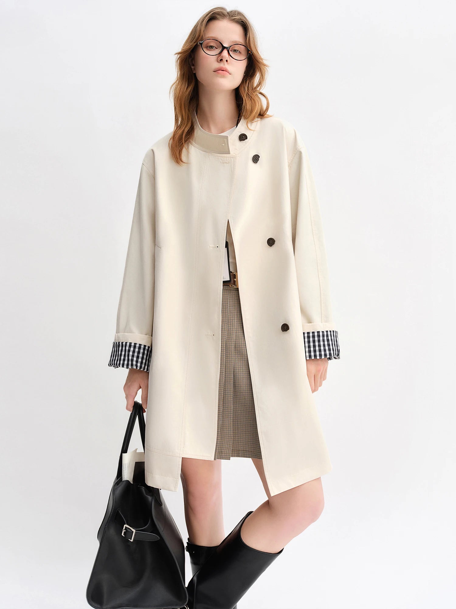 DUSHU Autumn 2025 Women's Stand Collar Trench Coat - Relaxed Fit Plaid Patchwork Loose Outerwear Casual Windbreaker Top
