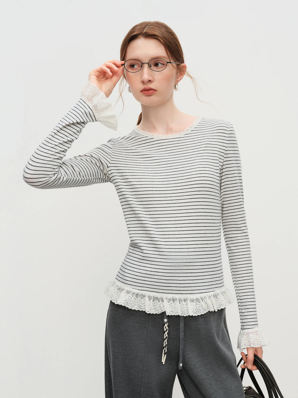 FSLE Autumn Winter 2025 Women's Striped Knit T-Shirt - Long Sleeve Lace Trim Base Layer Top Soft Stretch for Casual Layering