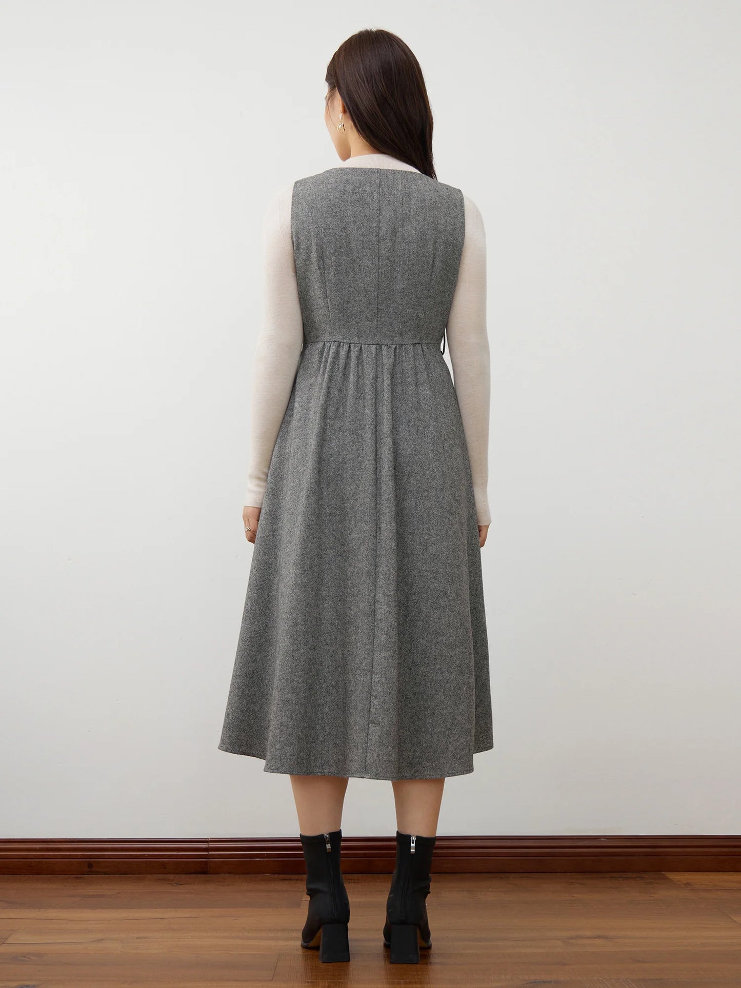 DUSHU 31.1% Wool Women Sleeveless Dress V-Neck Single Breasted Female Winter Long X-LINE Dresses Grey Commuter Dress 24DS84315