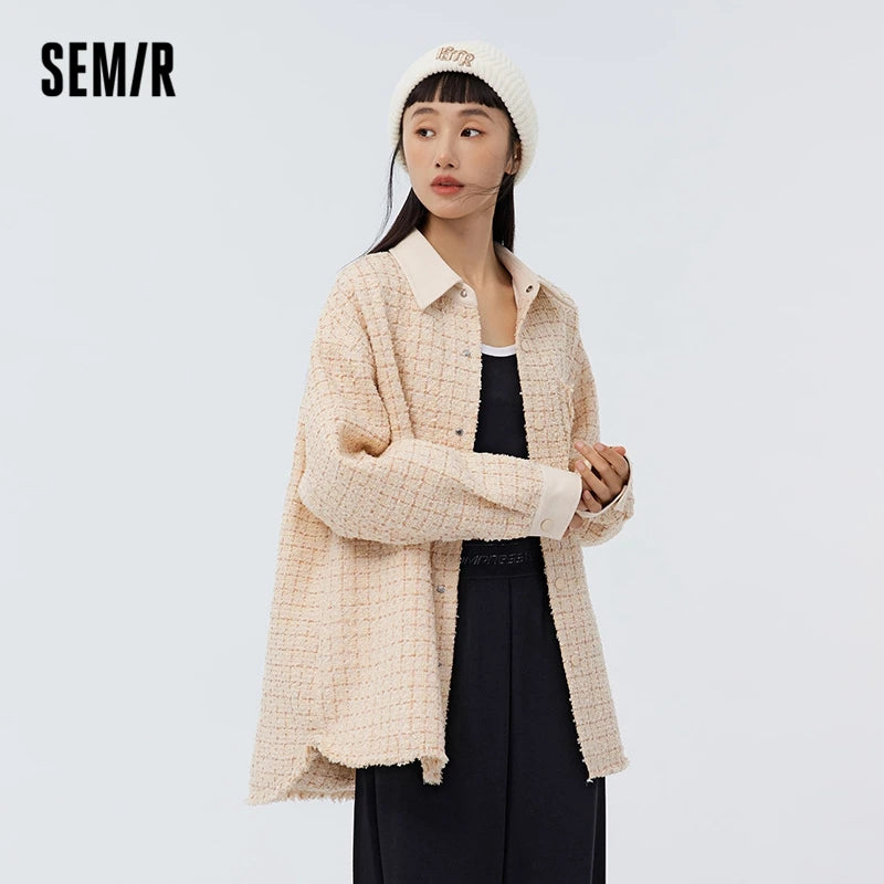 Semir 2023 Women Jacket Spring New Mid-length Raw-edge Chambray Style Top Coat for Women