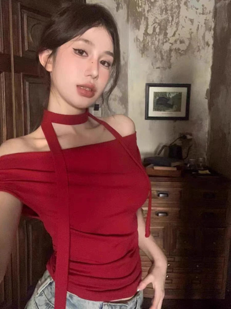 T-shirts for Women Red Eye-catching Slash Neck Sexy Summer Slim Fashion Highstreet All-match Underwear Aesthetic Simple American