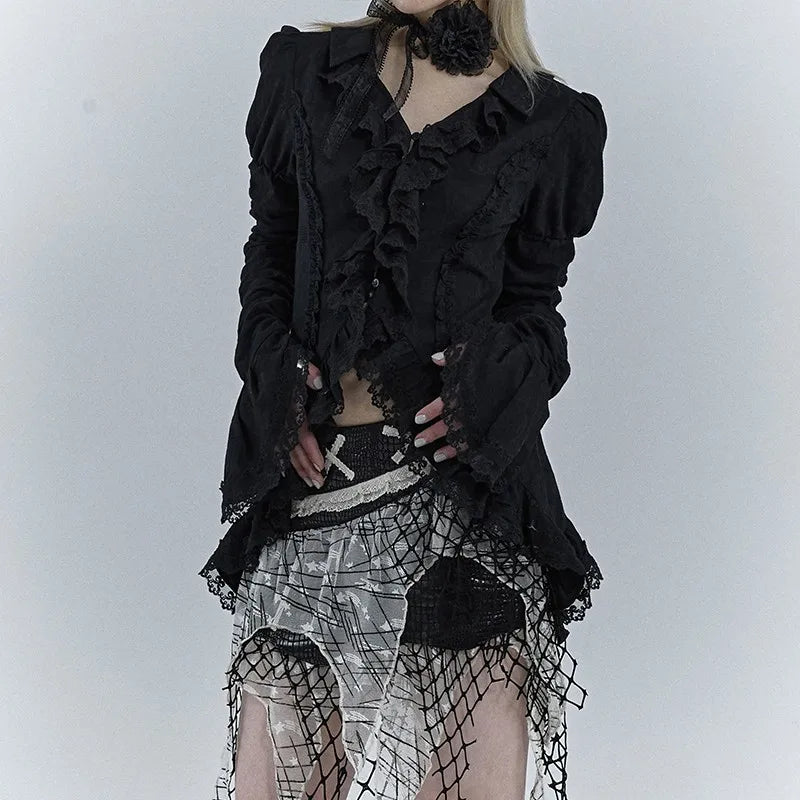Black Lace Shirt Dark Aesthetic Irregular Blouses Yamamoto Style Grunge Flare Sleeve V-neck Shirt Vintage Y2k Emo