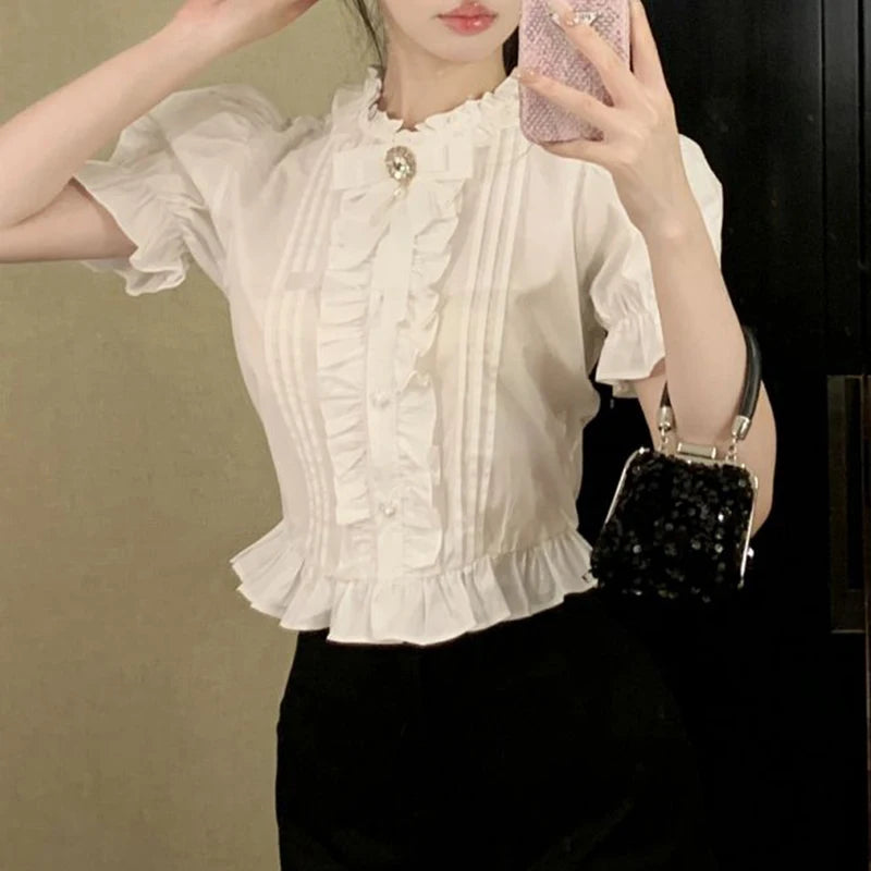 Gidyq White Elegant Shirt Women Summer Sweet Cute Puff Sleeve Crop Top Korean Ruffles Chic Slim Vintage Office Ladies Blouse New