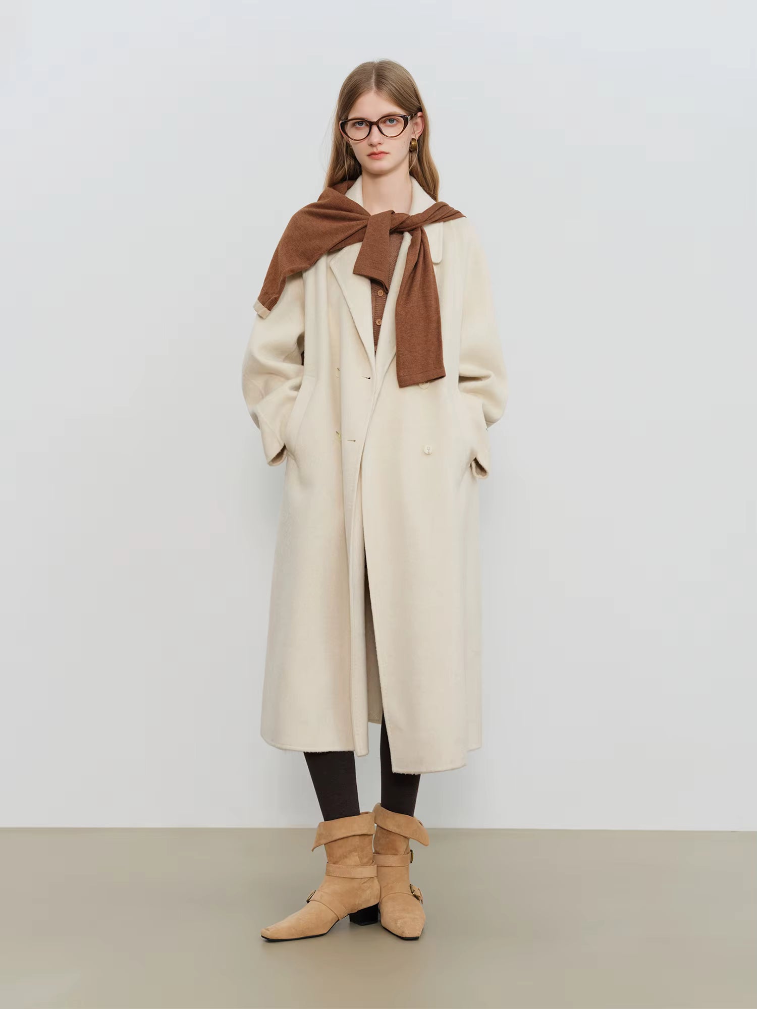 Crafty Studio Petite Women's White Camel Wool Coat with Double Faced Design 2025 Winter New Collection Wool