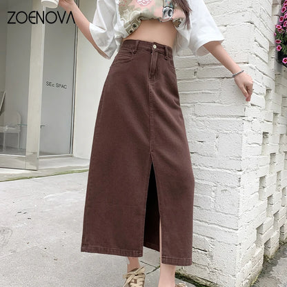 ZOENOVA Fashion Ladies Casual Versatile High Waist A-line Midi Skirt 2024 Spring Summer Solid Color Soft Simple Slit Denim Skirt