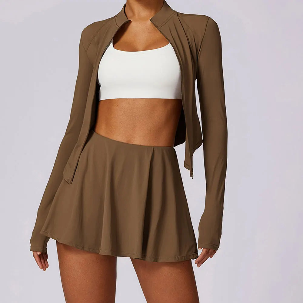 2PCS Women Yoga Set Gym Set Sexy Zipper Long Sleeves Sports Short Skirt Workout Running Clothing Gym Wear Athletic Sport Suit