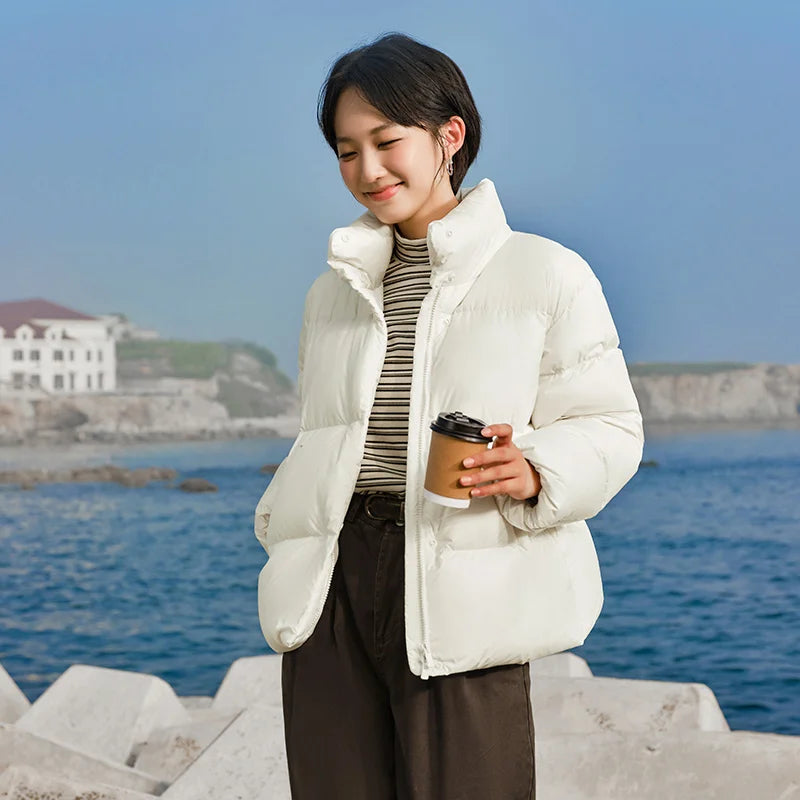 Semir Down Jacket Women Three-Proof Solid Color Stand-Up Collar Loose Simple Winter 2024 New Versatile Goose Warm Down Jacket