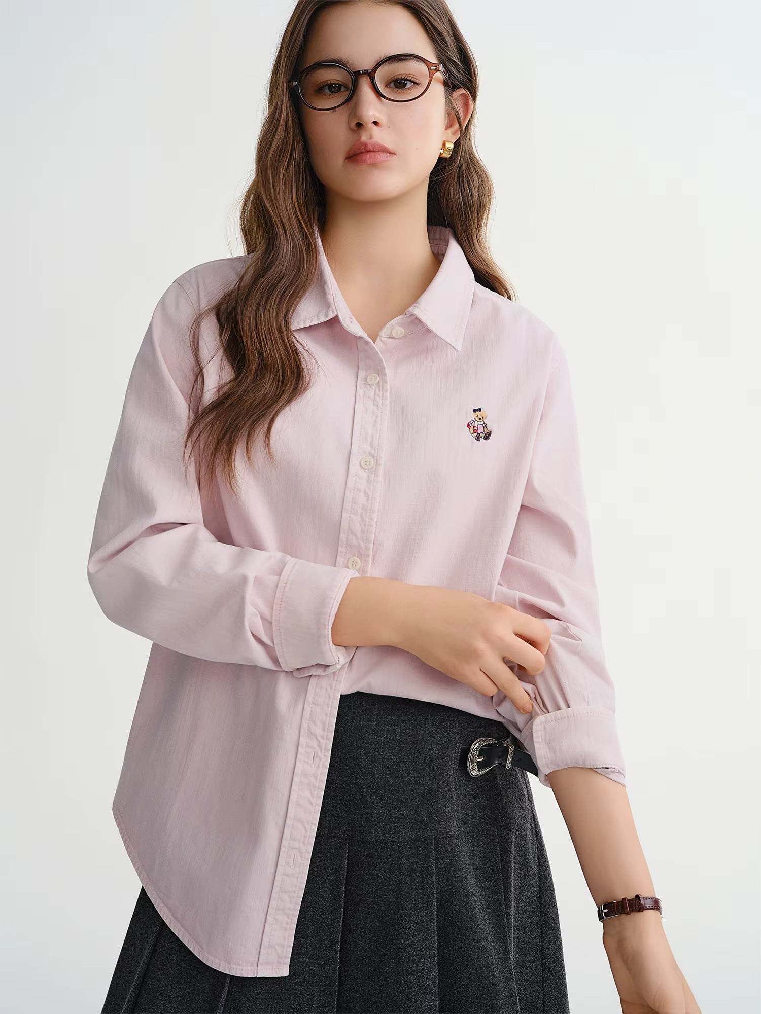 Plus Size Women's Denim Shirt with Bear Embroidery American Retro Style Autumn Winter 2025 Slimming Fit Casual Top Blouse