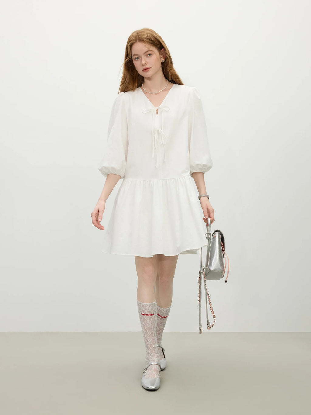 FSLE Office Lady French V-Neck Bow A-Line Dress 2025 Summer High-Waisted Linen Blend Casual To Chic Boho