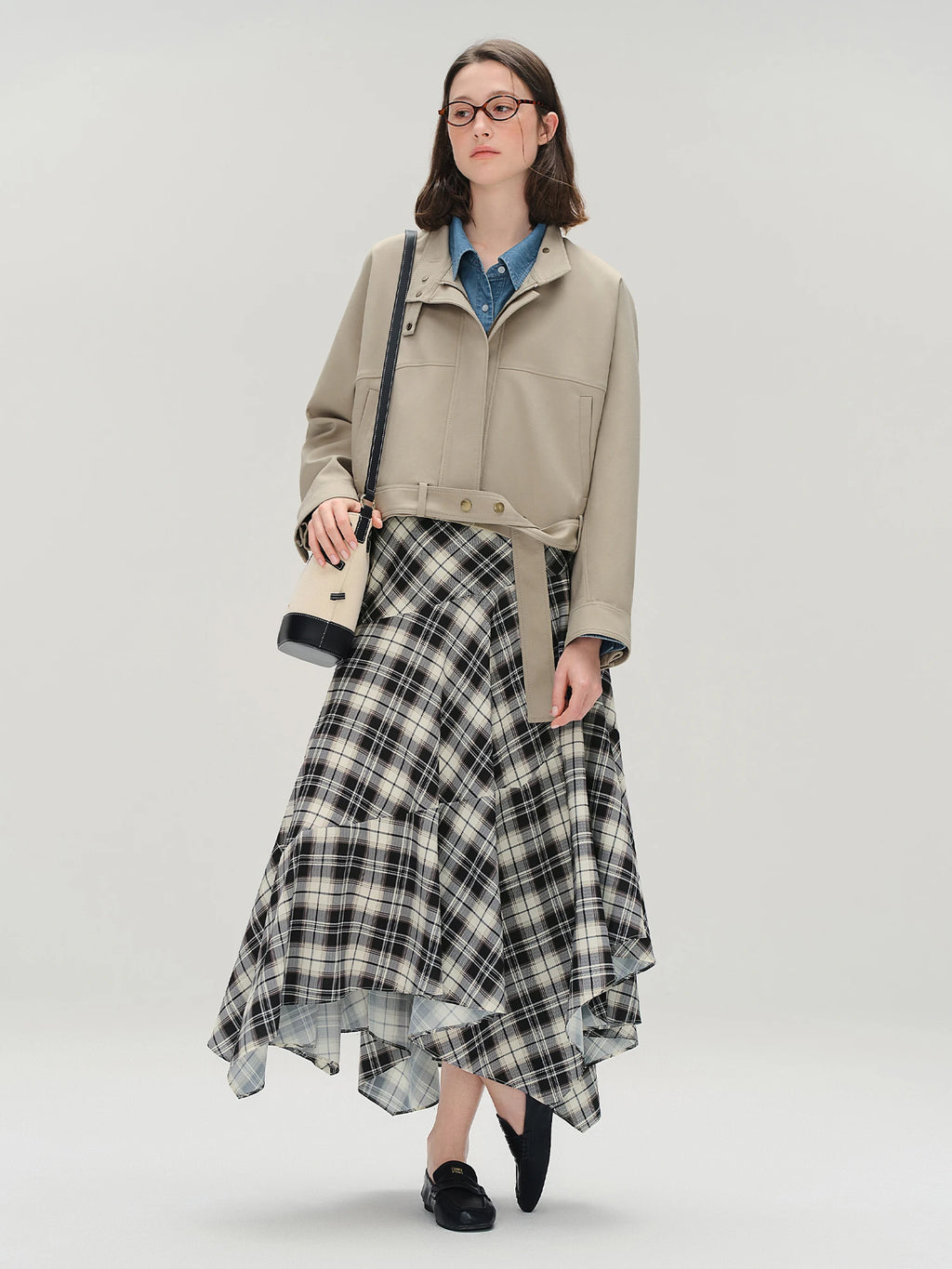 DUSHU Plus Size Women's [South France Story] Irregular Deconstructed Checkered Retro French Long A-Line Skirt
