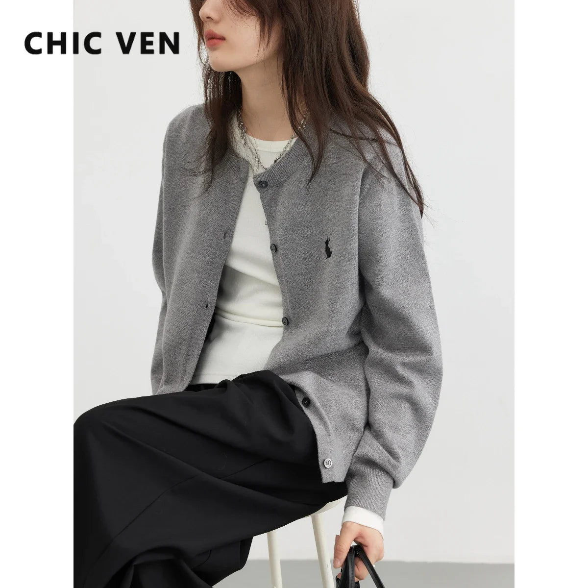 CHIC VEN Women Cardigan New Multi Color Basic Female Jumpers Solid Rabbit Embroidery Knitted Woman Sweater Autumn Spring 2023