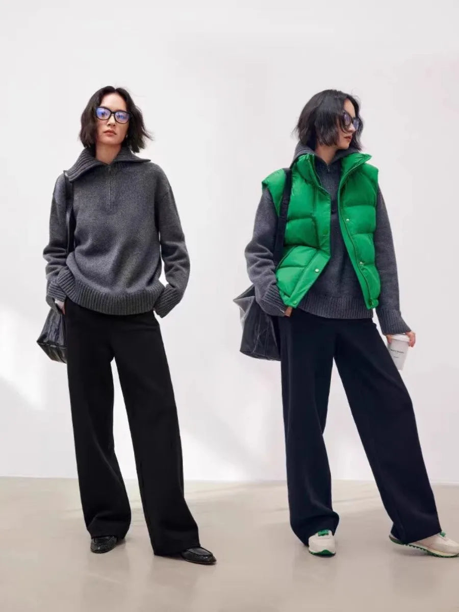 New autumn and winter vintage zipper lapel 100% pure cashmere sweater women's loose thick knit base