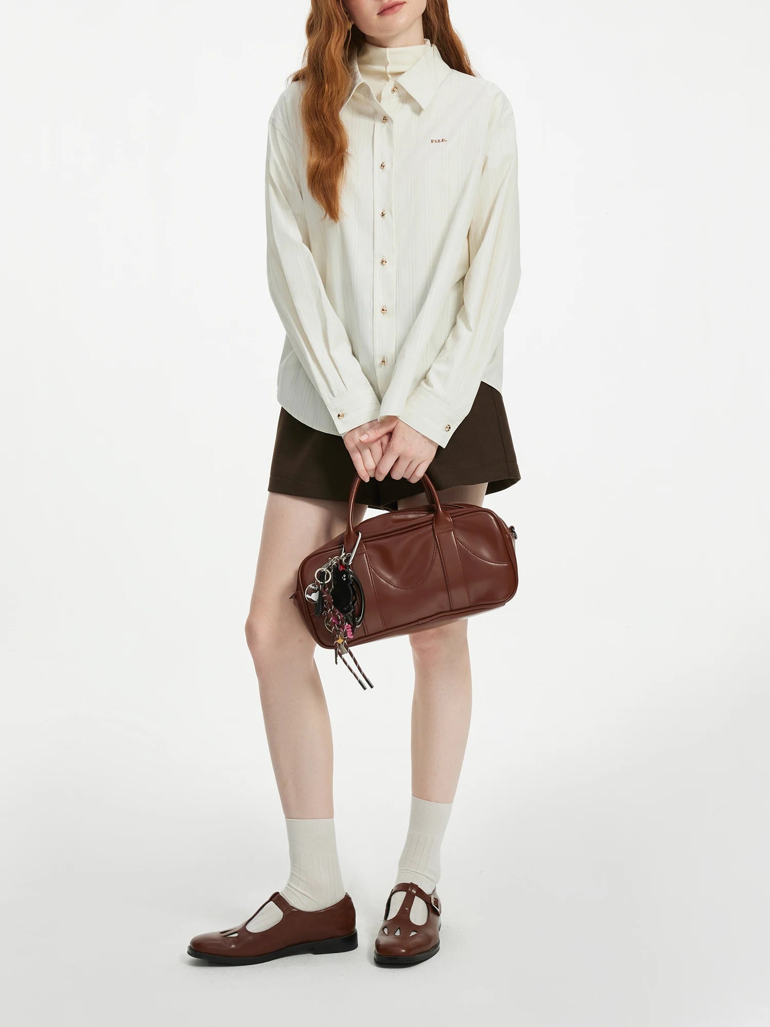 FSLE Women Long Sleeve Shirts Polo Neck Three-dimensional Fabric Loose Tops Office Lady Winter Beige Casual Blouses 24FS14366
