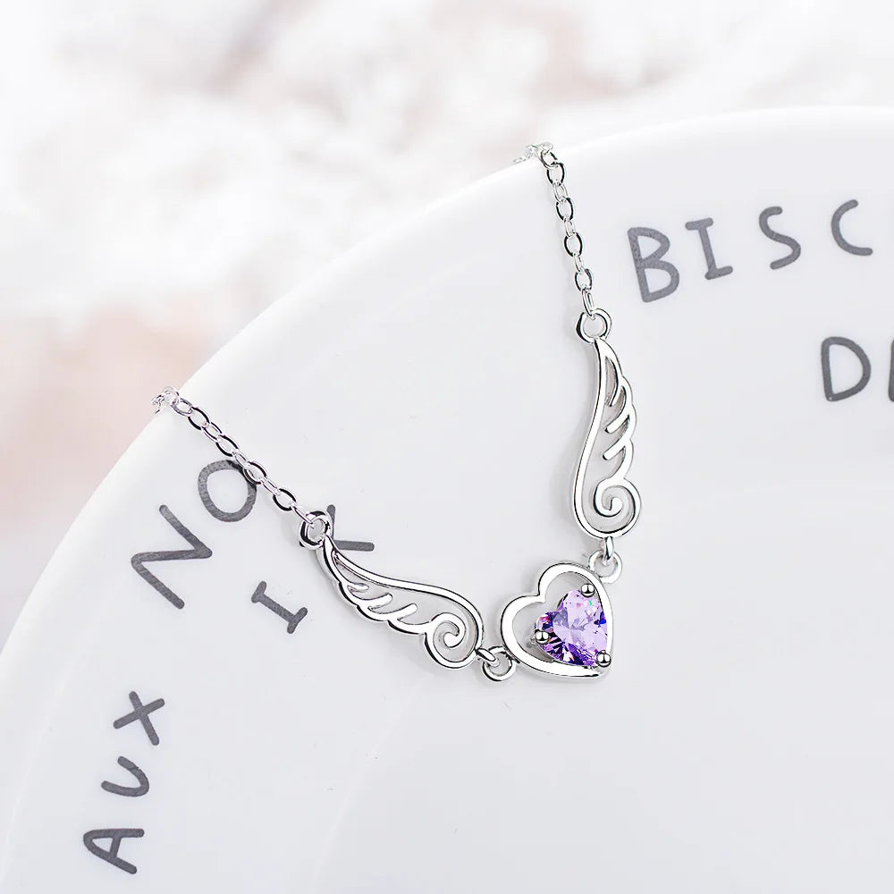 925 Sterling Silver Women Chain On The Neck Collarbone Necklace For Women Angel Wing Purple Zircon Pendant Chain Girl Jewelry