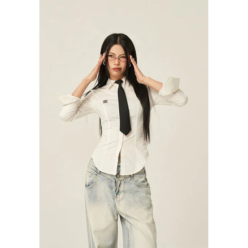 Y2K Harajuku Tie Shirts Women Preppy Jk White Long Sleeve Blouses Streetwear 2000S Korean Fashion Slim All Match Chic Tops New